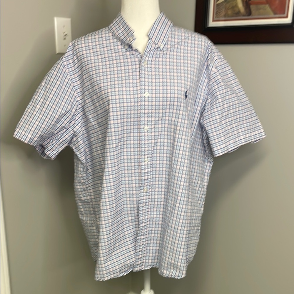 RALPH LAUREN Big Mens Cotton Plaid Shirt Short Sleeve Size XXL Pink Blue